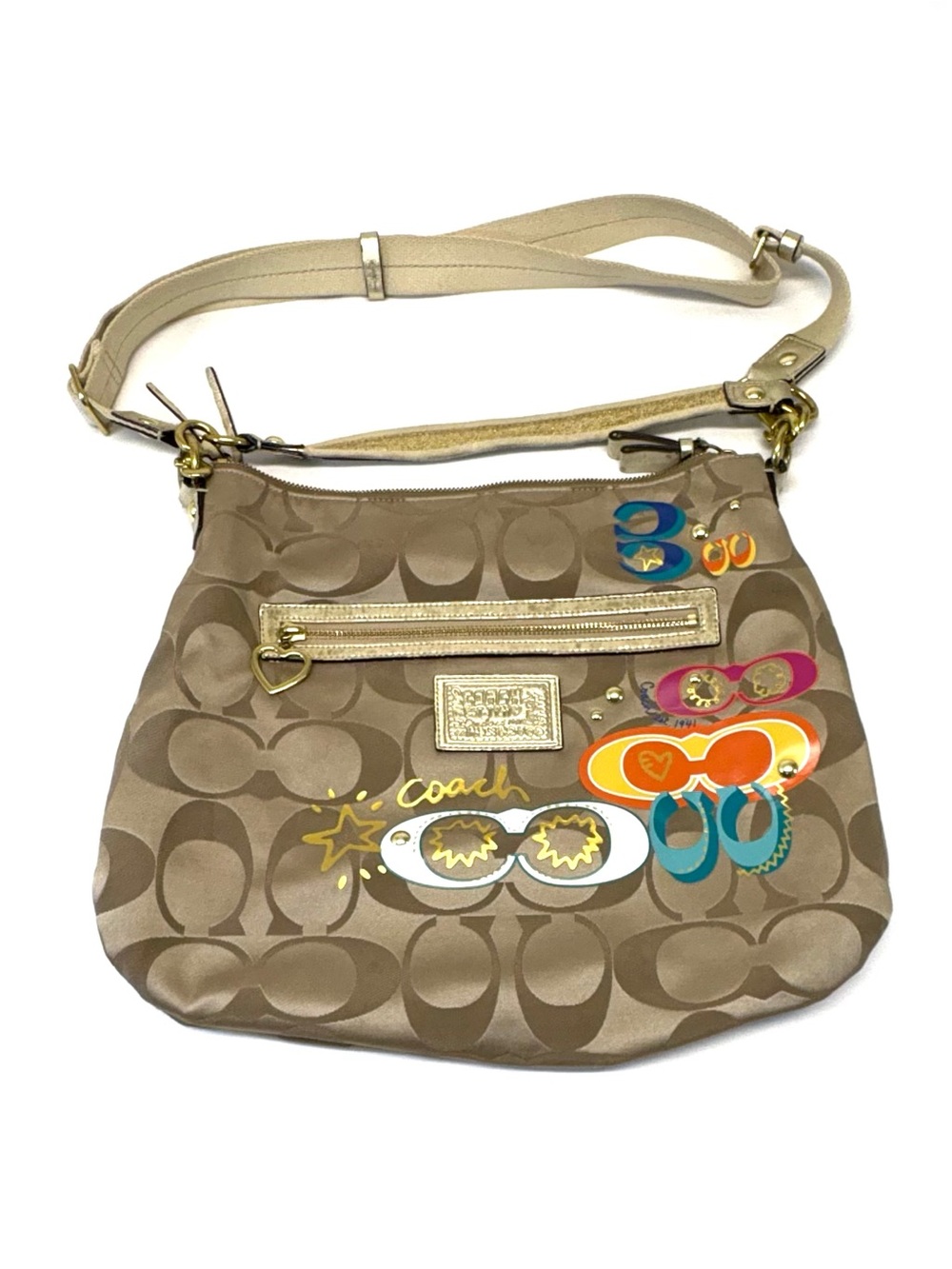 Coach Poppy Daisy Pop C Applique Hobo Convertible Crossbody Bag Khaki Multi